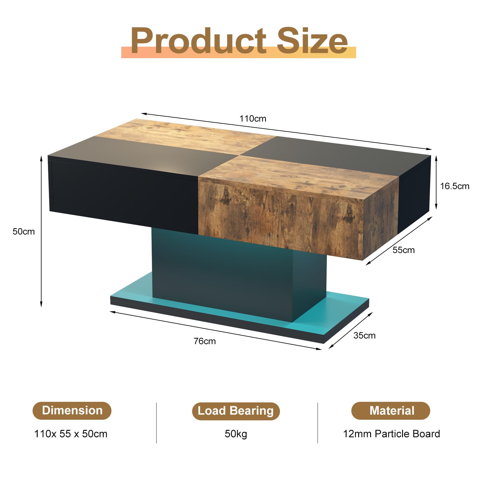 Wooden Coffee Table with 16 Colors LED Lights for Dining Room