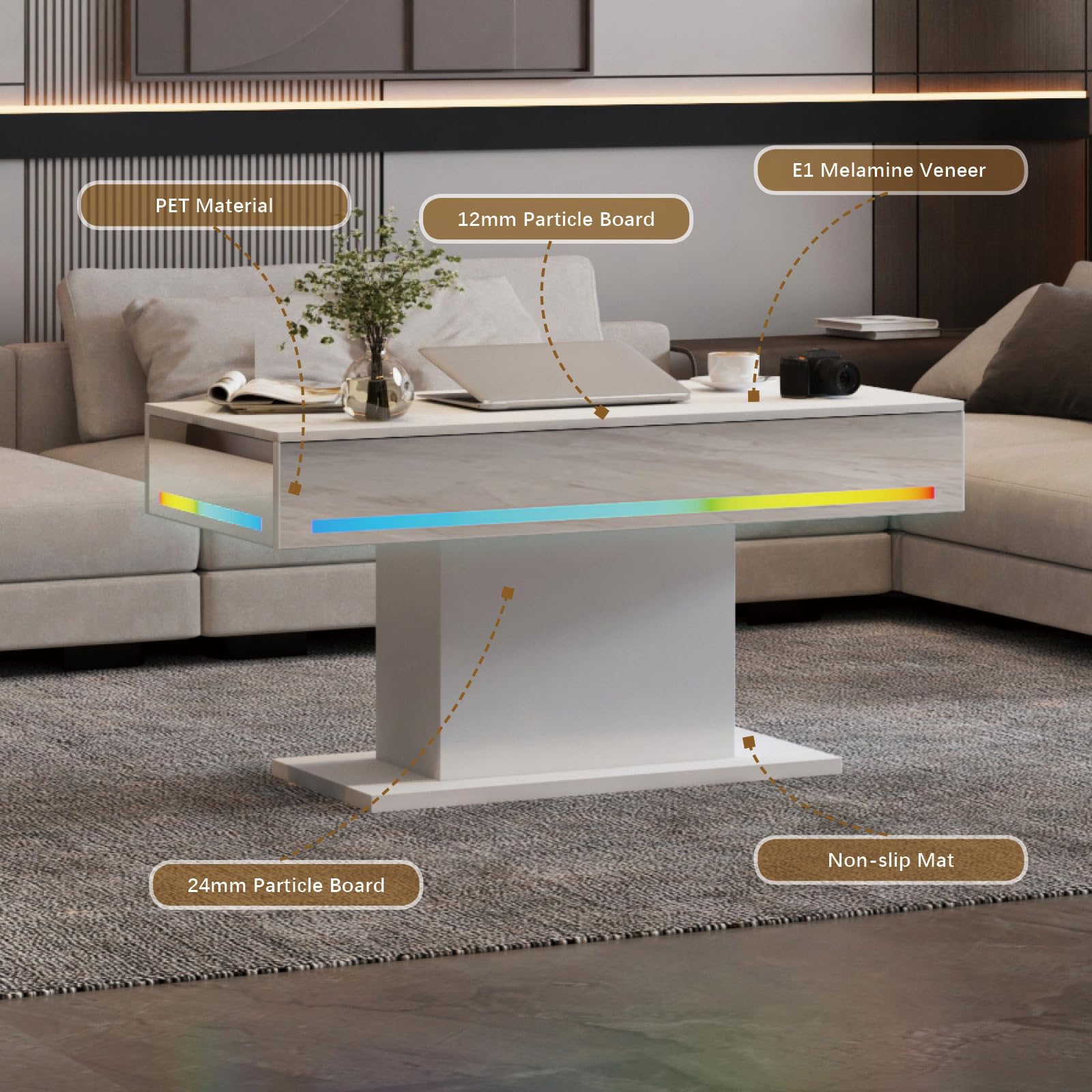 Wooden Coffee Table with 16 Colors LED Lights for Dining Room