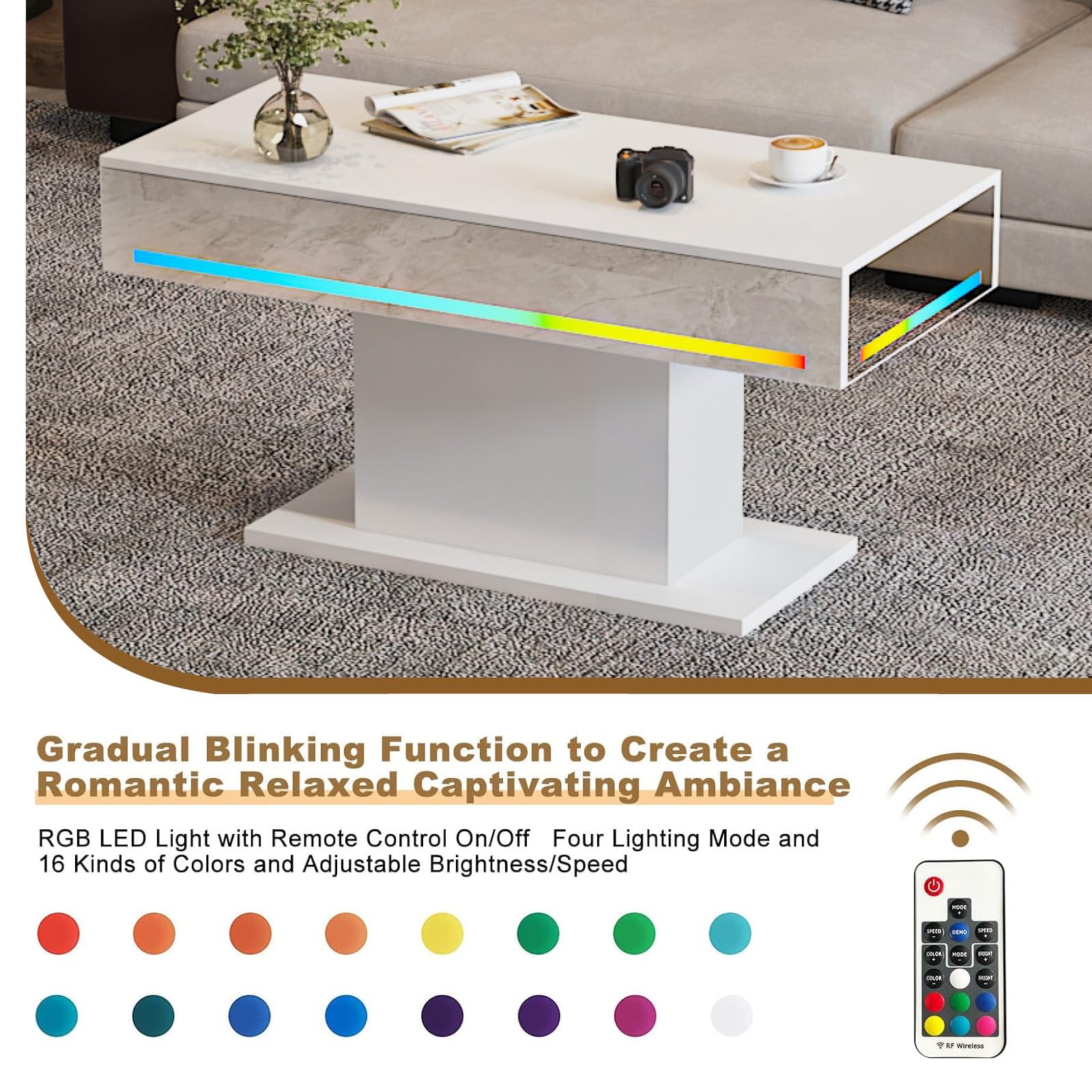 Wooden Coffee Table with 16 Colors LED Lights for Dining Room
