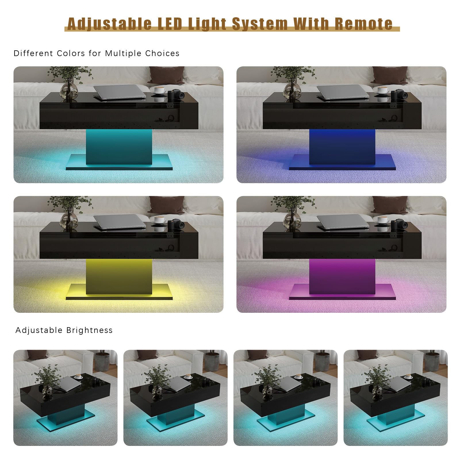 Wooden Coffee Table with 16 Colors LED Lights for Dining Room