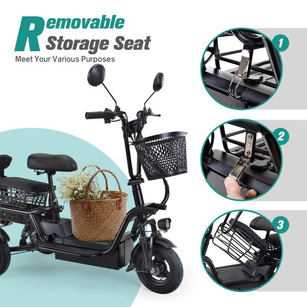 48V Foldable Electric Tricycle for Adults, Electric Trike with 3 Seats, 3 Baskets, Remote Alarm System, LED Display, Black
