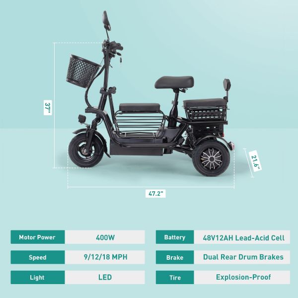 48V Foldable Electric Tricycle for Adults, Electric Trike with 3 Seats, 3 Baskets, Remote Alarm System, LED Display, Black