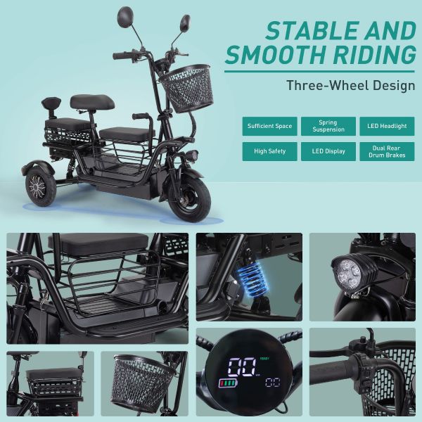 48V Foldable Electric Tricycle for Adults, Electric Trike with 3 Seats, 3 Baskets, Remote Alarm System, LED Display, Black