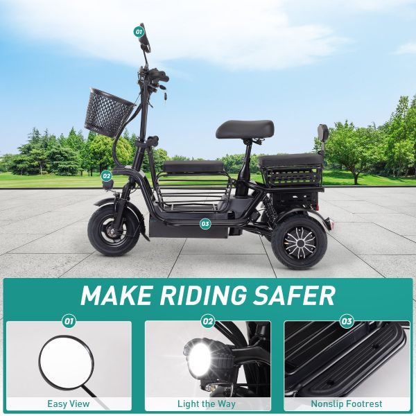 48V Foldable Electric Tricycle for Adults, Electric Trike with 3 Seats, 3 Baskets, Remote Alarm System, LED Display, Black