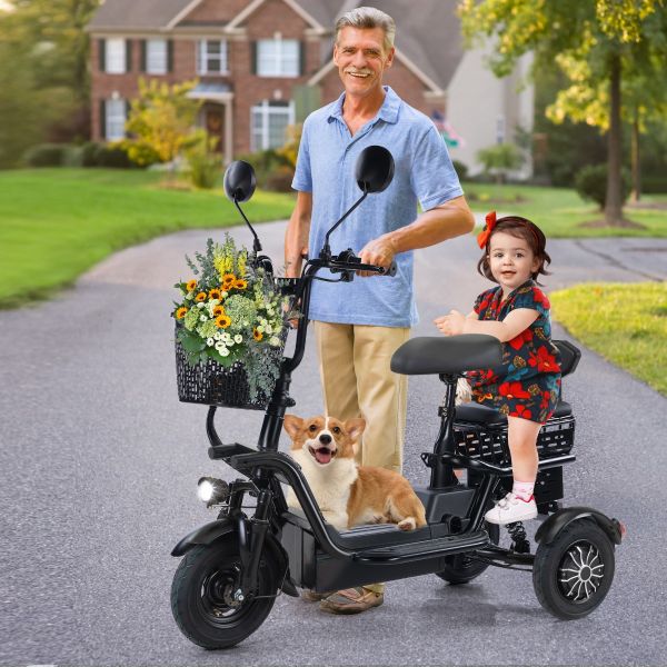48V Foldable Electric Tricycle for Adults, Electric Trike with 3 Seats, 3 Baskets, Remote Alarm System, LED Display, Black