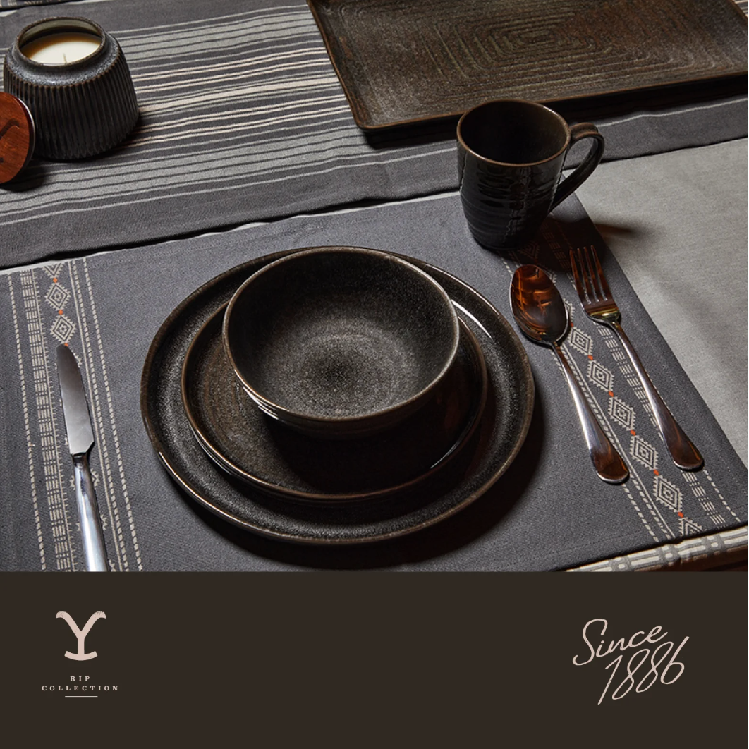 Yellowstone 12-Piece Ceramic Dinnerware Set, Rip Collection
