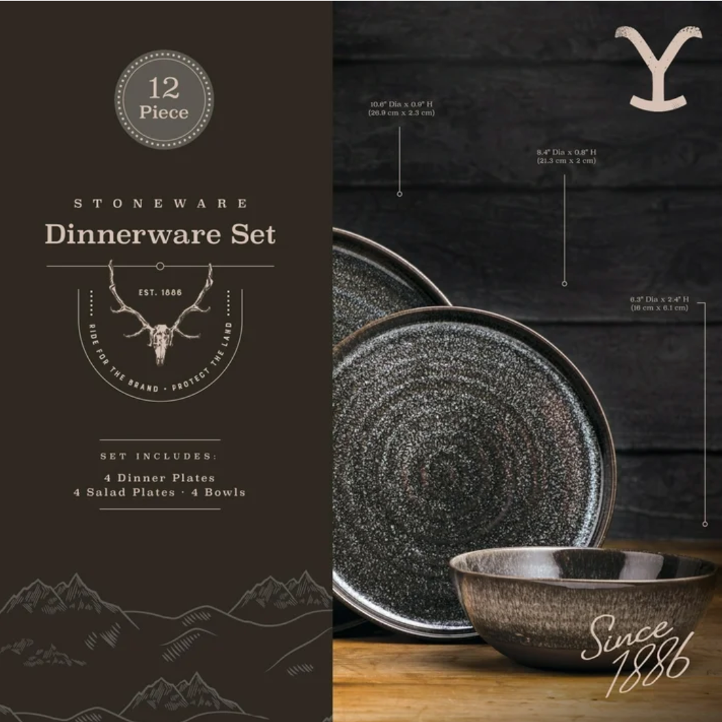 Yellowstone 12-Piece Ceramic Dinnerware Set, Rip Collection