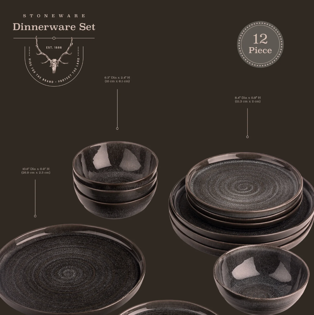 Yellowstone 12-Piece Ceramic Dinnerware Set, Rip Collection