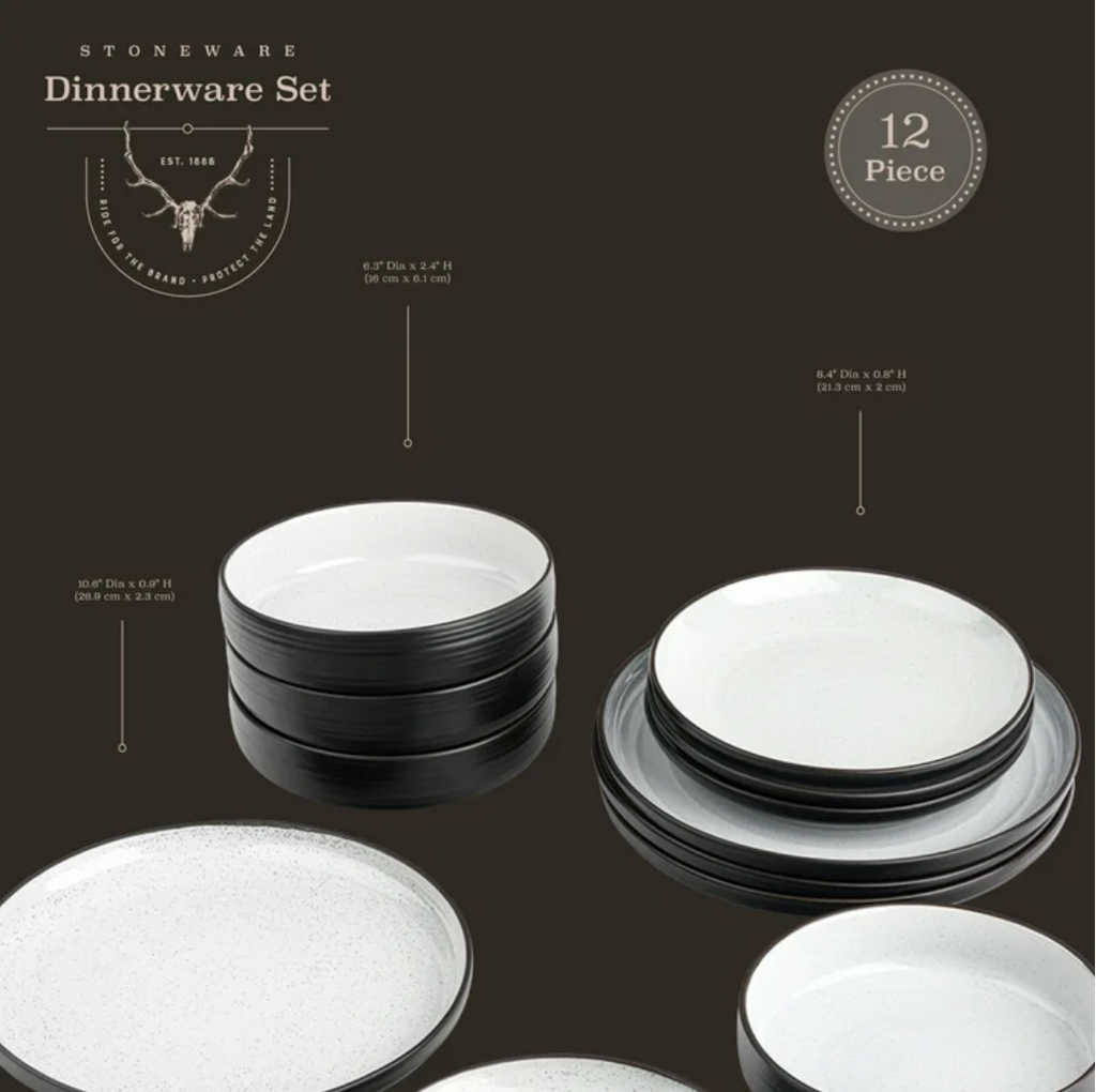 Yellowstone 12-Piece Ceramic Dinnerware Set, Beth Collection