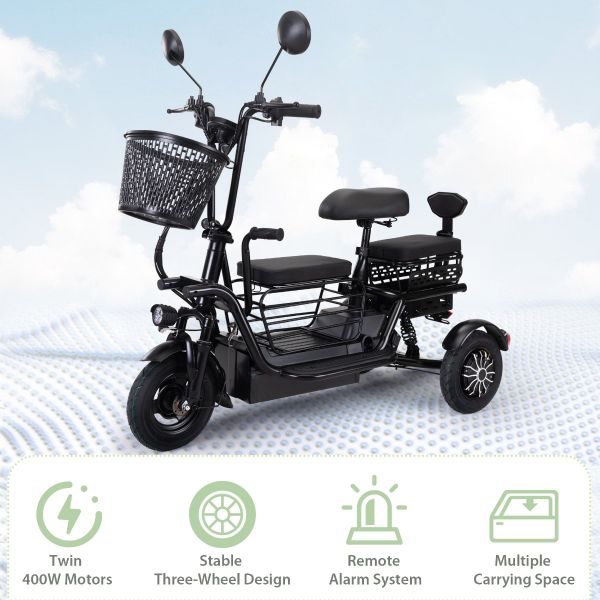 48V Foldable Electric Tricycle for Adults, Electric Trike with 3 Seats, 3 Baskets, Remote Alarm System, LED Display, Black